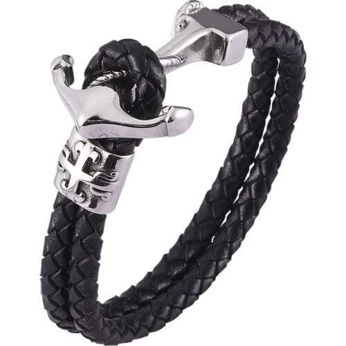 Men Stainless Steel Anchor Simple Hook Bangles Genuine Leather Bracelets Jewelry Accessories Wrist Band Gift BB0479