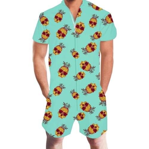 3d Pineapple Skull Print Mens Romper Hawaiian Jumpsuit Summer Playsuit Overalls One Piece Slim Fit Beachwear Casual Mens Sets