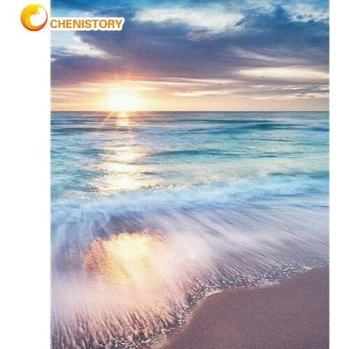 CHENISTORY Landscape Painting By Numbers Kits For Adults Sunset On Ocean Picture By Number Hand Painted Diy Framed Acrylic Art