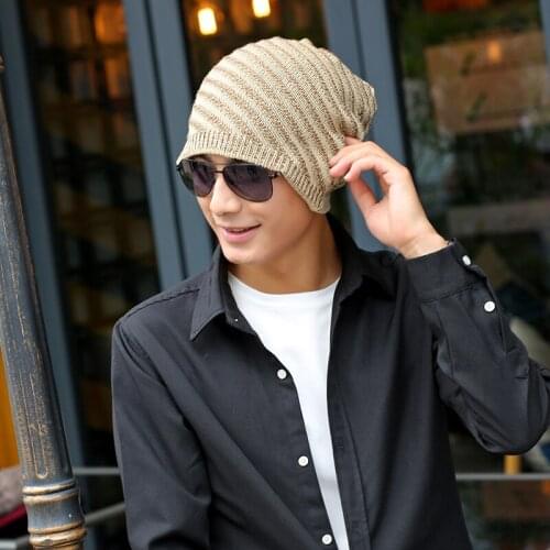 New men blue coffee gray beige Skullies Beanies autumn winter striped bonnet Korean adult fashion cotton Hat cap for men