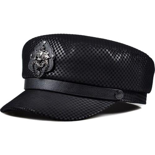 Novelty Winter Genuine Leather Flat Cap Young Student Plaid Hat Men Women Sheepskin Shield Gorra Korean Casual Fitted Navy Caps