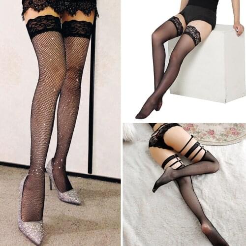 Bling Rhinestone Sexy Fishnet Stockings Oil Shiny Womens Stocking Mesh Lace Nylon Nightclubs Pantyhose Seameless Female Hosiery