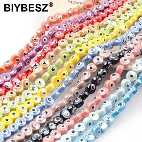 20/10pcs Evil Eye Flat Round Ceramic Beads For Jewelry Making Necklace Bracelet 8/10mm Mixcolor Ceramic Accessories