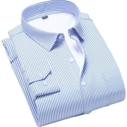 AOLIWEN men winter 40% cotton blue white striped warm shirt casual thicken and velvet cold proof long sleeve slim fit shirts