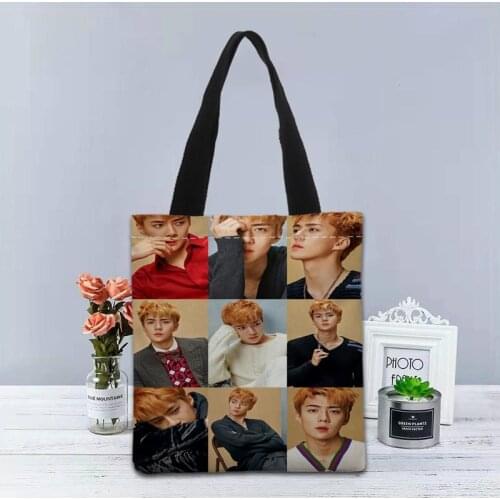 KPOP EXO Handbag Foldable Shopping Bag Reusable Eco Large Unisex Canvas Fabric Shoulder Bags Tote Grocery Cloth Pouch 1208