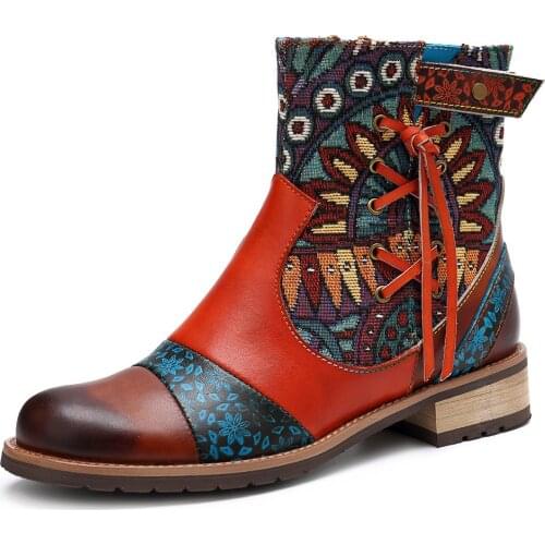 Vintage Ladies Fashion Boots PU Fringed Cross Tied Print Patchwork Zipper Low Heel Womens Ankle Boots Floral Boots Bohemian bv6