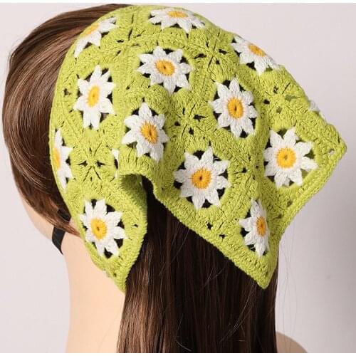 Vintage Bohemia Women Bandana Hair Band Handmade Knitted Flower Triangle Turban Elastic Headband for Lady Head Scarf