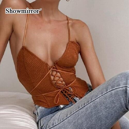 Showmirror Vintage Fashion Sexy Bandage Straps Crop Tops Women Elegant Ribbed Hollow Out Backless Sleeveless Top Streetwear