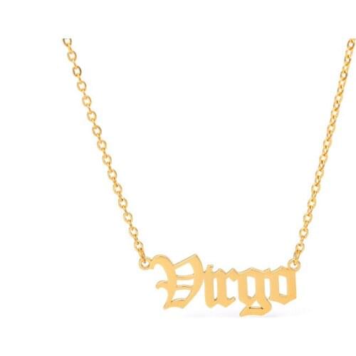 Old English Zodiac Sign Necklaces For Women Rose gold Silver Color Stainless Steel Chain Constellations Pendant Necklace Jewelry