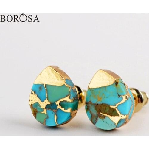 BOROSA Gold Color Veins Turquoises Stud Earrings for Women Fashion Teardrop Natural Stone Earrings Boho Earrings Jewelry G1984