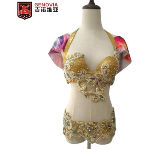 Womens Belly Dance Costume With Push Up Bra 2 Pieces Bra Belt Oriental Dance Costume Golden S-XL