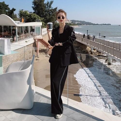 Women Korean Black Two Piece Suits Setes Single Breasted Loose Casual Blazers Coat Wide Leg Pants Elegant Outfits Spring Autumn