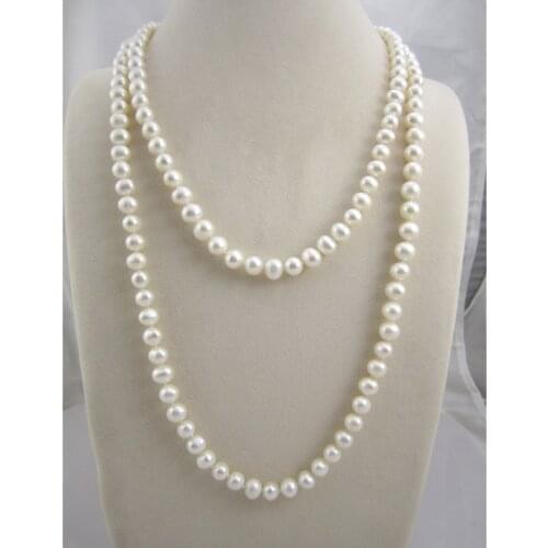 Free Shipping Long Natural Freshwater Pearl Necklace For Women 8-9MM Nearround Classic Cultured Pearl
