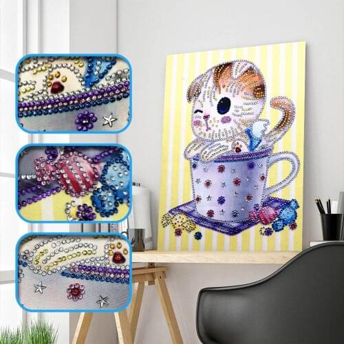 Special Shaped Diamond Painting Cat Cup Diamond Embroidery Cartoon Shining Round Diamond Mosaic Picture Of Rhinestones 20x30cm
