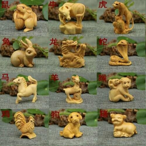 CQ059 - 12 Pcs 2" Hand Carved Boxwood Netsuke Home Decor- 12 Zodiac Animals
