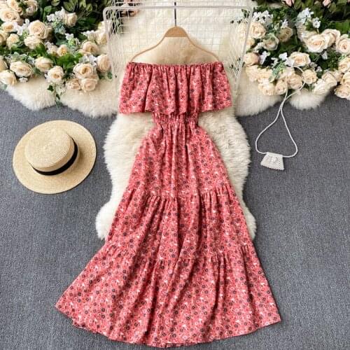 Croysier Vintage Floral Print Dress Women Summer Ruffle Sexy Off Shoulder Dress Elegant Tiered Vacation Beach Midi Dress Female