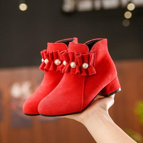 Girls' childrens boots, big childrens ankle boots, princess sweet folds ruffled pearl beaded high heels