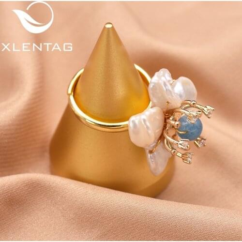 "XlenAg Natural Baroque Flower Shape Light Blue Pearl Ring Gift Female Wife Surprise Senior Elaborate Design Jewelry GR0266D