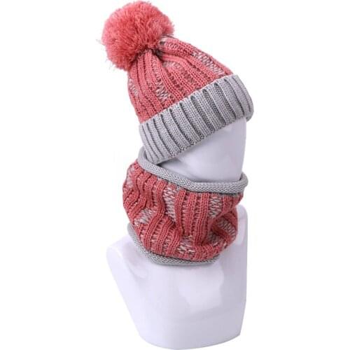 Two pieces Hat Scarf Set Beanie Cap Women Hats Girls Caps Fake Pompon Warm Winter Knitted Skullies Beanies Ring Scarf Bonnet Set