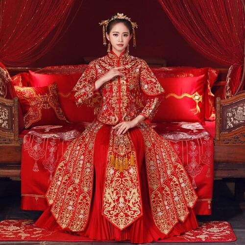 RED Especial Fashion Chinese bride wedding gown dress Golden cheongsam Suzhou embroidery female golden Spring Autumn Qipao S-XXL