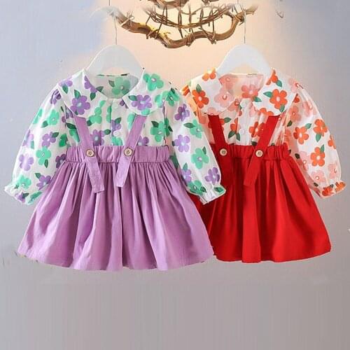 Sweet Autumn Girls Princess Dress Children Kids Baby Infants Flora Long Sleeve Faux Two Piece Dresses Vestidos ADK455