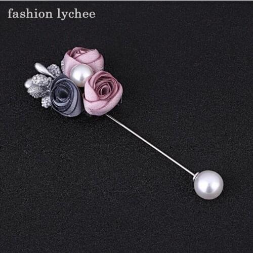 Fashion lychee Pretty Rose Flower Artificial Pearls Long Brooch Pins Women Elegant Banquet Party Fashion Jewelry