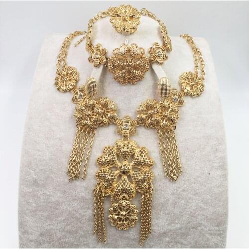 Hot style African beads wedding jewelry set dubai gold-color Nigeria classic zircon Necklace women Bangle Earring Ring