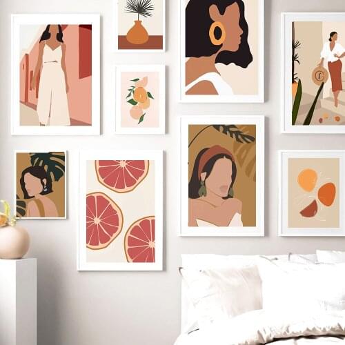 Monstera Girl Orange Avocado Abstract Nordic Posters And Prints Wall Art Canvas Painting Wall Pictures For Living Room Decor