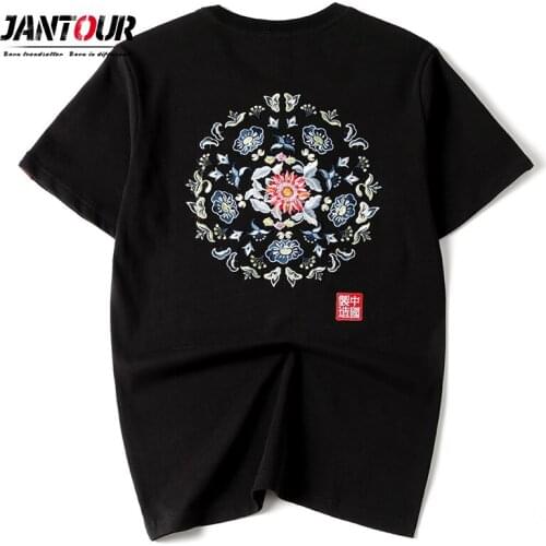 High quality Summer 100% Cotton T-shirt Mens Embroidery Flowers O-Neck Thin Shirt Tees Male Black Chinese style Brand clothing