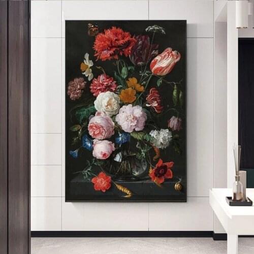 Still Life with Flowers in a Glass Vase Oil Paintings print on Canvas Art Posters And Prints Baroque Art Pictures Home Decor