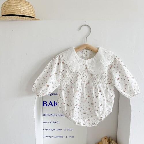 2021 New Fashion Long Sleeve Bodysuit Floral Print Jumpsuit Baby Girls Autumn Lace Collar Clothes Toddlers Pleated Chest Sunsuit