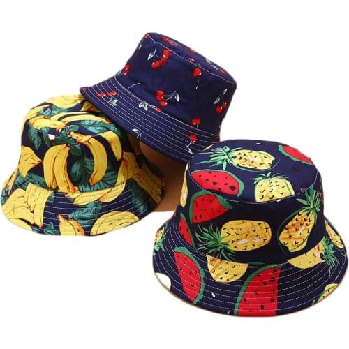 Women Men Panama Summer Reversible Bucket Hat Harajuku Hip Hop Bucket Cap Fruit Pineapple Banana Watermelon Print Fisherman Hat