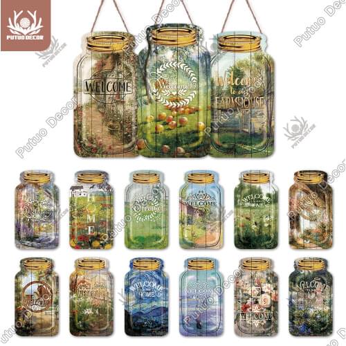 Putuo Decor Illustration Sign Mason Jar Shape Wooden Signs Plaques Wood Rustic Decoration for Home Garden Farmhouse Wall Decor