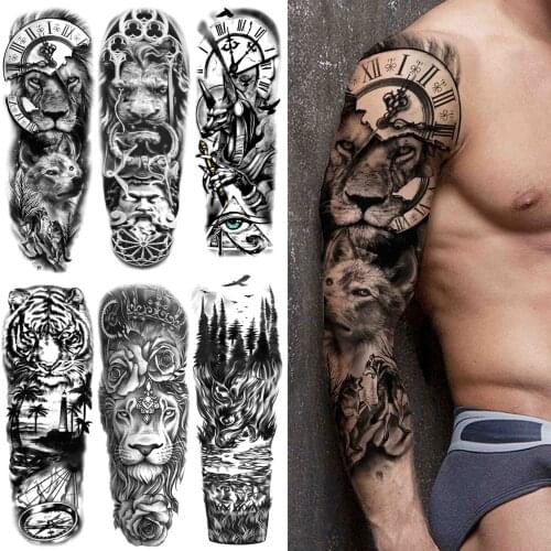 Realistic Fake Lion King Temporary Tattoos For Men Women Black Forest Tiger Tattoo Sticker Flower Geometric Tattos Full Sleeve