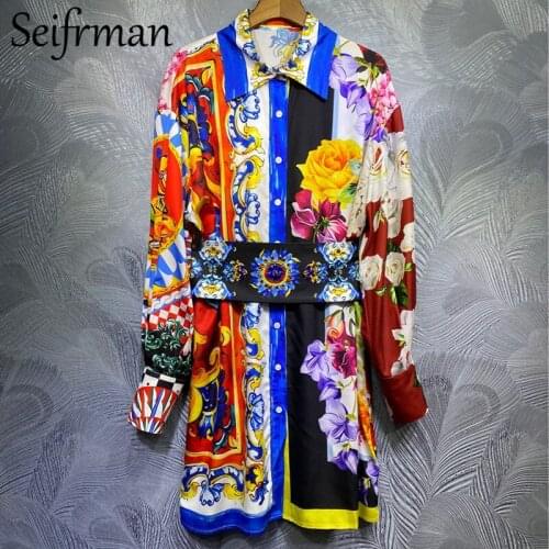 Seifrmann New 2021 Women Spring Fashion Runway Party Midi Dress Crystal Beading Lantern Sleeve Floral Print Loose Ladies Dress