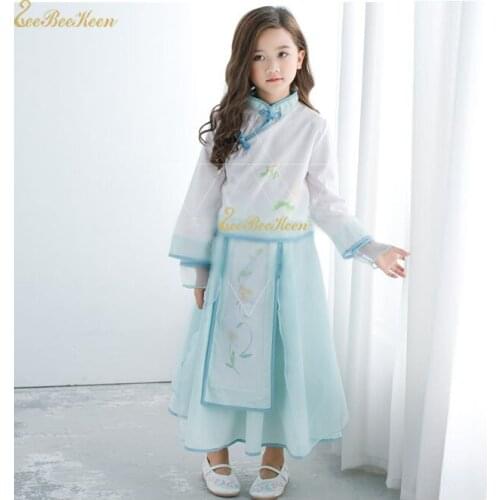 Girls Chiffon Hanfu Print Flower Buttonhole Loop Han Chinese Clothes Halloween Cosplay Costume Adult Lolita Long Dress For Women