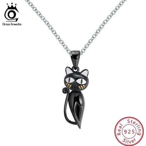 ORSA JEWELS Original Design Real 925 Sterling Silver Pendant Cute Cat Black Gun Enamel Craft Women Necklaces Gift Jewelry SN99