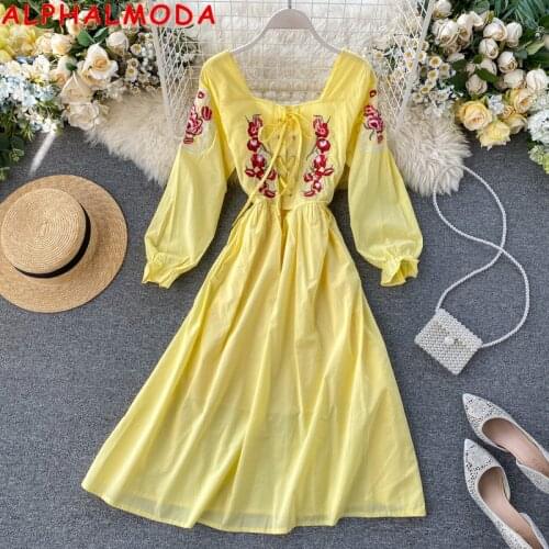 ALPHALMODA 2020 Spring Womens Retro Square Collar Tie Waist Slim Embroidered Floral Dress High Waist Lacing Up Slim Ladies Dres
