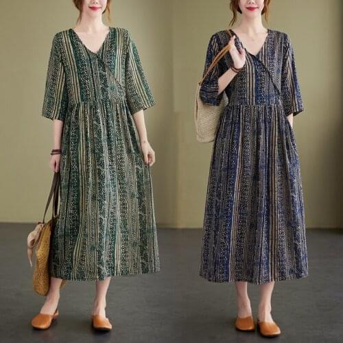 Retro Striped Printed Cotton And Linen Dress Womens Summer Loose V-neck Pockets Casual Swing Dresses Elegant Floral Robes 2021