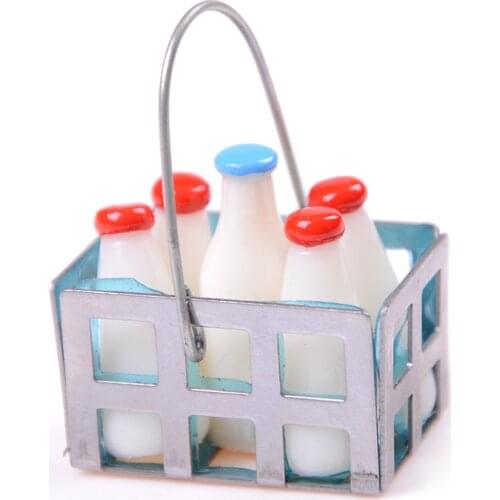 1Set 1/12 Metal Milk Basket with 5pcs Wood Bottles Set Dollhouse Furniture Miniature Dolls House Kitchen Porch Accs Decor