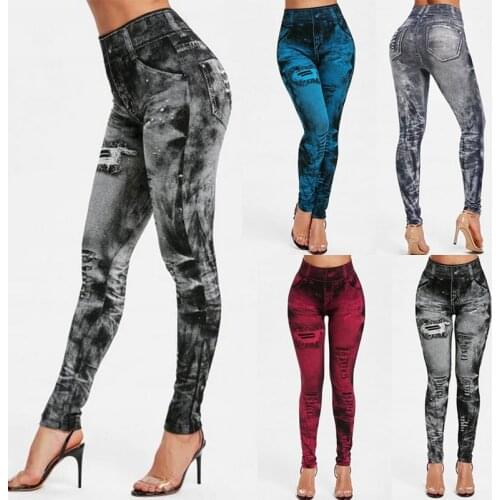 2021 Women Gym Leggings Faux Denim Jeans Leggings Pocket Printing Leggings Casual High Waist Pencil Pants Plus Pants