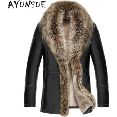AYUNSUE Mens Winter Jacket Lambswool Faux Leather Jacket Men Thick Raccoon Fur Collar Jaqueta Couro Masculino Plus Size HJ509