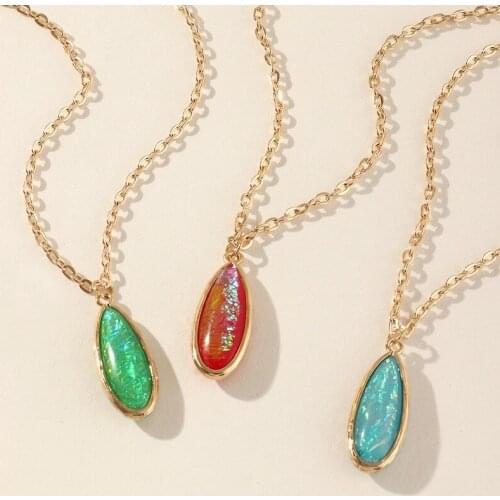 Wholesale Personality Simple Oval Semi-precious Stone Colorful Pendant Necklace Creative Geometric Single Layer Clavicle Chain