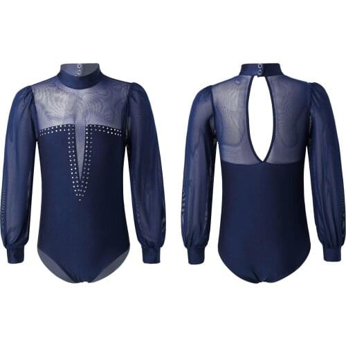 Kids Girls Child Ballet Leotard Mesh Long Sleeve Shiny Faux Diamond Gymnastics Leotard Dance Jumpsuit For Skating Latin Dance