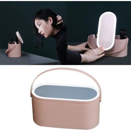 Travel Makeup Case Cosmetics Organizer w/LED Light Mirror Cosmetic Box Pink