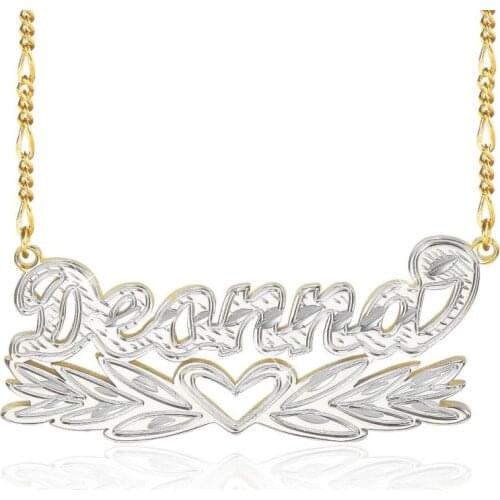 Two Tone Personalized Wing Heart Name Necklace 18K Gold-Plate Double Plate Letter Pendant Necklaces Jewelry Gift for Women Girls