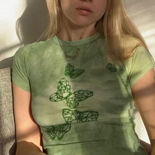 Butterfly Green Crop Top y2k Aesthetic T Shirt Short Sleeve O Neck Pullovers Women Harajuku Cute Tee Summer Retro 90s clothes
