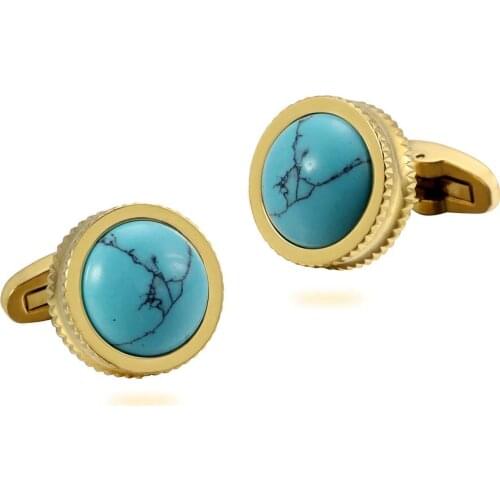 Blue Turquoise Stone High Heel Double Serrated Edges Stainless steel cufflinks for Tuxedo Business Shirts