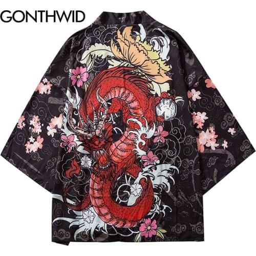 GONTHWID Harajuku Dragon Cherry Blossoms Flowers Print Kimono Cardigan Haori Jackets Streetwear Japanese Style Open Front Coats