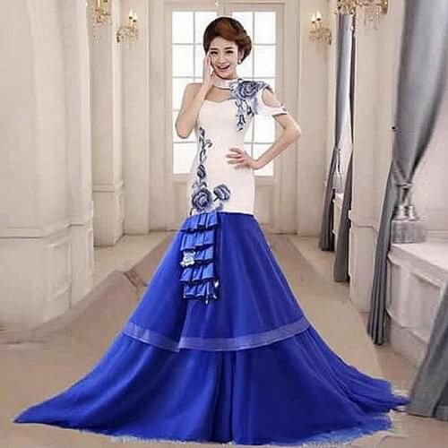 Blue White Porcelain Chinese Traditional Wedding Dress Cheongsam Applique Oriental Style Evening Dresses Long Qipao Sexy